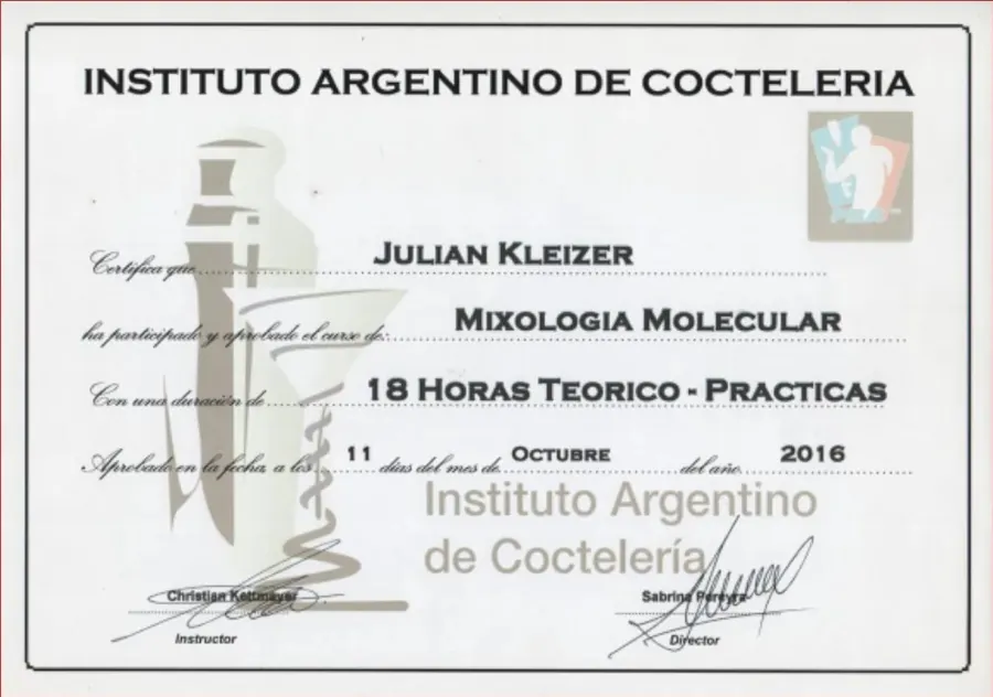 Certificado del Instituto Argentino de Coctelería del curso de Mixología Molecular, octubre de 2016